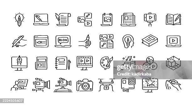 content creation hand drawn minimalist doodle line icon set. hand sketched elements for creative use. innovation, creativity, ideas. - creative director stock illustrations
