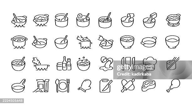 cooking hand drawn minimalist doodle line icon set. hand sketched elements for creative use. kitchen, meal, dinner, preparation, food, lunch, breakfast. - cooking pan stock illustrations
