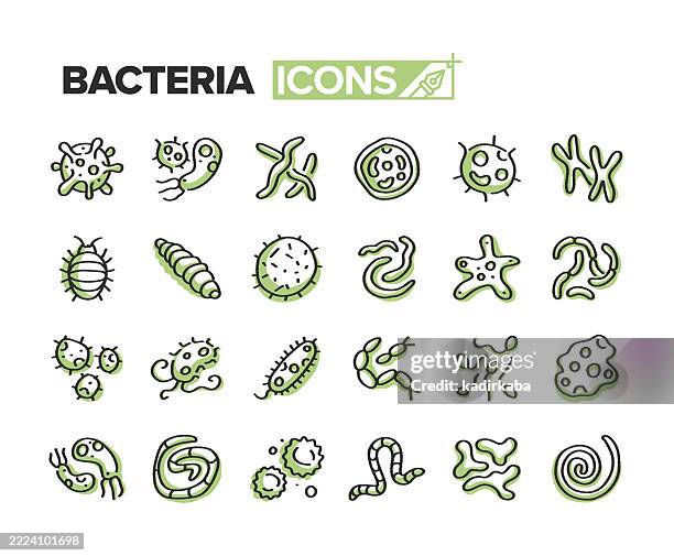 bacteria hand drawn minimalist doodle line icon set. hand sketched elements for creative use. microbiology, biology, science, lab, research, illness. - staphylococcus stock illustrations