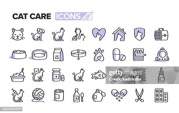 illustrazioni stock, clip art, cartoni animati e icone di tendenza di cat care set di icone della linea di doodle minimalista disegnato a mano. elementi disegnati a mano per uso creativo. animali, cura degli animali, animali domestici. - prodotti per animali domestici