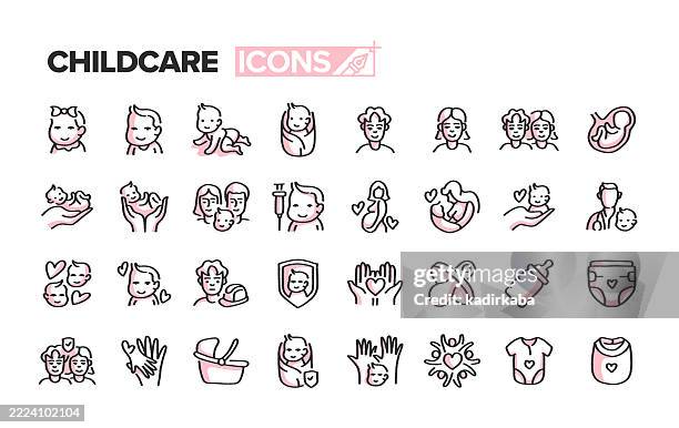 childcare hand drawn minimalist doodle line icon set. hand sketched elements for creative use. breastfeeding, childhood, parent, pediatrician, toddler, mother, father, adoption, parenthood. - child care stock illustrations