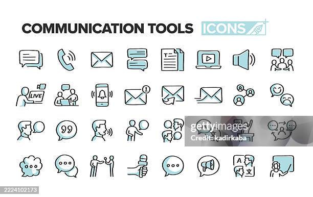 communication tools hand drawn minimalist doodle line icon set. hand sketched elements for creative use. chat, talk, e-mail, message, video, audio, voice, reportage. - speech language pathologist stock illustrations