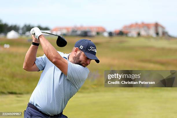 Jordan Smith of England tees off on the second hole prior to the Genesis Scottish Open 2025 at The Renaissance Club on July 08, 2025 in North...