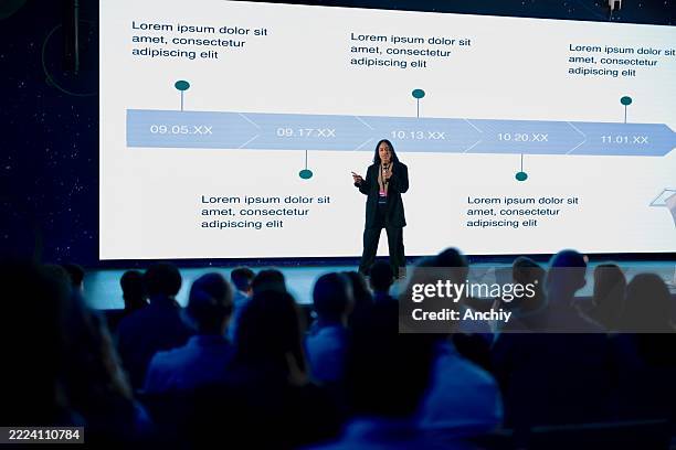 professional speaker presenting at a tech conference on stage with audience - summit meeting stock pictures, royalty-free photos & images