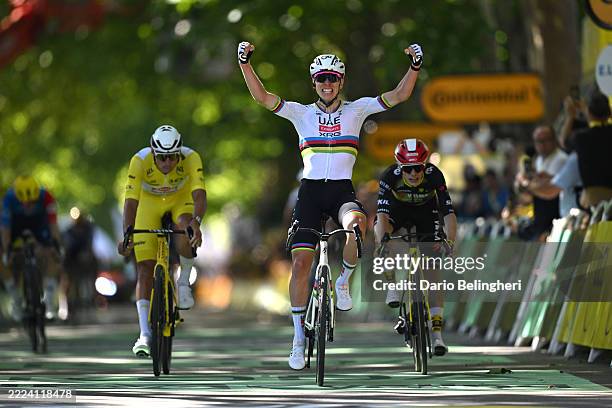 Tadej Pogacar of Slovenia and UAE Team Emirates - XRG celebrates at finish line as stage winner ahead of Mathieu Van Der Poel of Netherlands and Team...