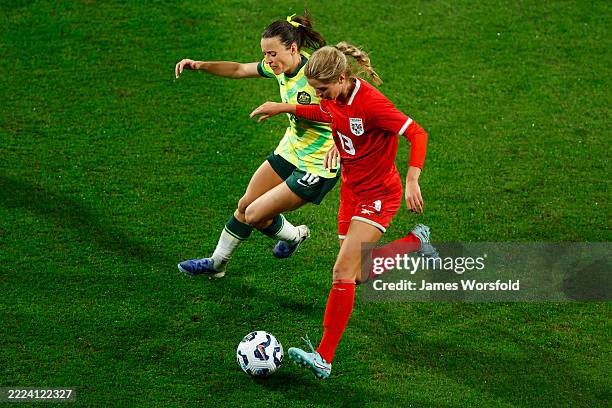 Hayley Riley Riley Tanner of Panama and Hayley Raso of the Matildas contest for ...