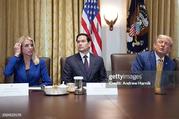 President Donald Trump , meets with members of his Cabinet during a Cabinet Meeting at the White House on July 08, 2025 in Washington, DC. Trump...