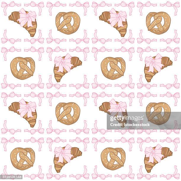 charming bakery pattern with pretzel and croissant - baking background stock illustrations