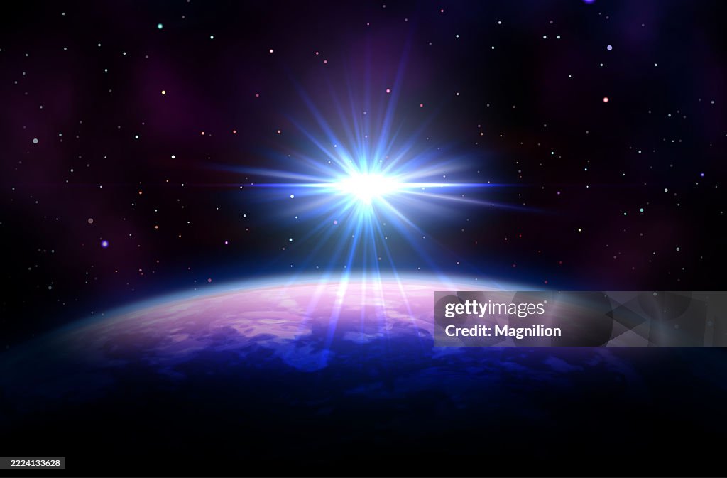 Planet Horizon with Sunrise in Outer Space, View of a Glowing Sunrise Over the Curved Surface of a Distant Planet, Surrounded by Deep Space and a Sparkling Field of Stars, Creating a Dramatic Cosmic Scene