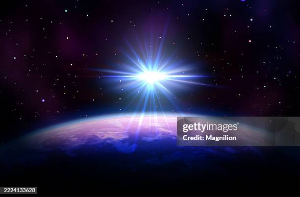 planet horizon with sunrise in outer space, view of a glowing sunrise over the curved surface of a distant planet, surrounded by deep space and a sparkling field of stars, creating a dramatic cosmic scene - spacecraft point of view stock illustrations
