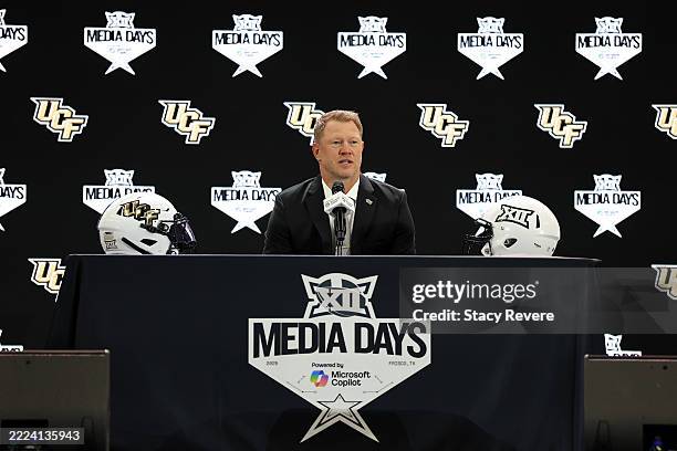 Head coach Scott Frost of the UCF Knights speaks with the media during the Big 12 Media Days at The Ford Center at The Star on July 08, 2025 in...