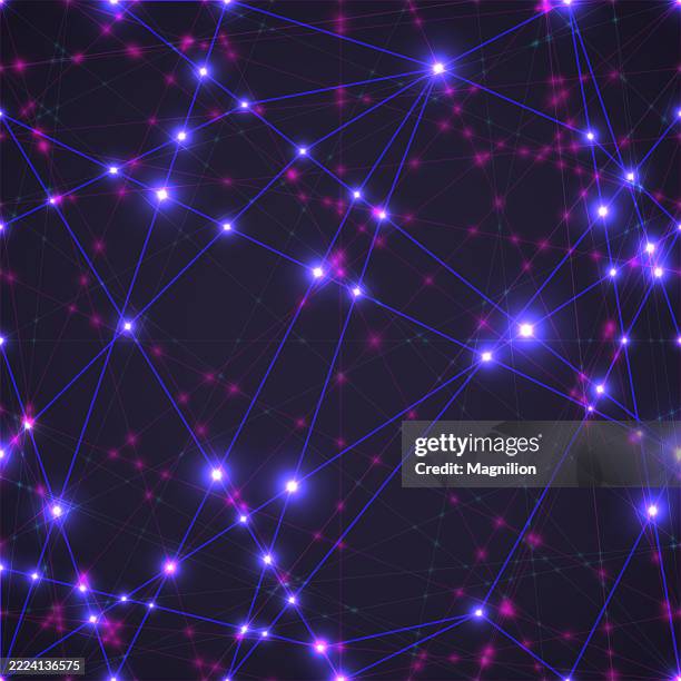 glowing blue network nodes connected by bright lines on a dark background, creating a futuristic digital technology pattern for innovation and communication themes - computer neural network stock illustrations
