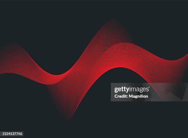 a modern abstract vector illustration featuring a smooth red wave of evenly spaced lines flowing dynamically on a dark background, creating a sense of motion and depth - sine wave stock illustrations