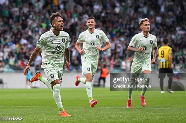 Diogo Pinto of NK Olimpija Ljubljana celebrates scoring his team's first goal during the UEFA Champions League 2025/26 first qualifying round first...