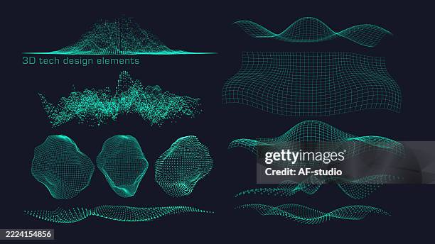 3d tech design elements – abstract digital shapes and data waves set - binary code circle stock illustrations