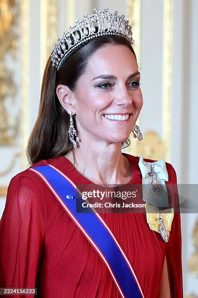 Catherine, Princess of Wales attends the State Banquet at Windsor Castle on July 08, 2025 in Windsor, England. President Emmanuel Macron and Mrs...