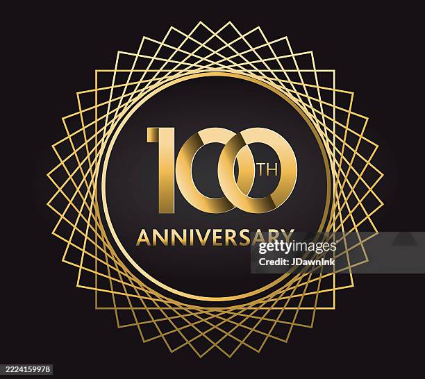 stockillustraties, clipart, cartoons en iconen met 100 year anniversary decorative wire gold frame label design on black - 100-jarig-jubileum