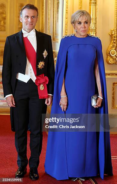 President of France, Emmanuel Macron and Brigitte Macron attend the State Banquet at Windsor Castle on July 08, 2025 in Windsor, England. President...