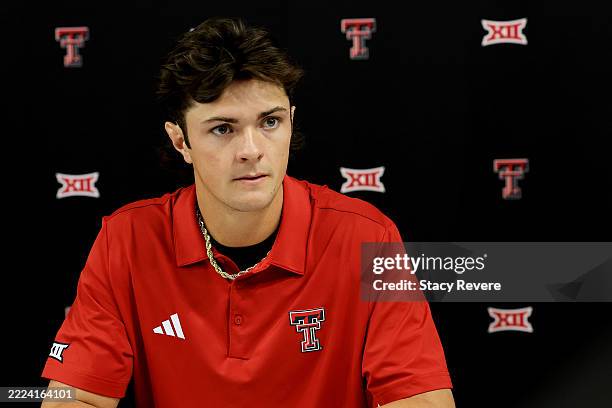 Quarterback Behren Morton of the Texas Tech Red Raiders speaks with the media during the Big 12 Media Days at The Ford Center at The Star on July 08,...