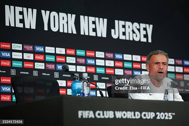 Luis Enrique, Head Coach of Paris Saint-Germain, speaks to the media in a press conference ahead of their FIFA Club World Cup 2025 Semi-final match...