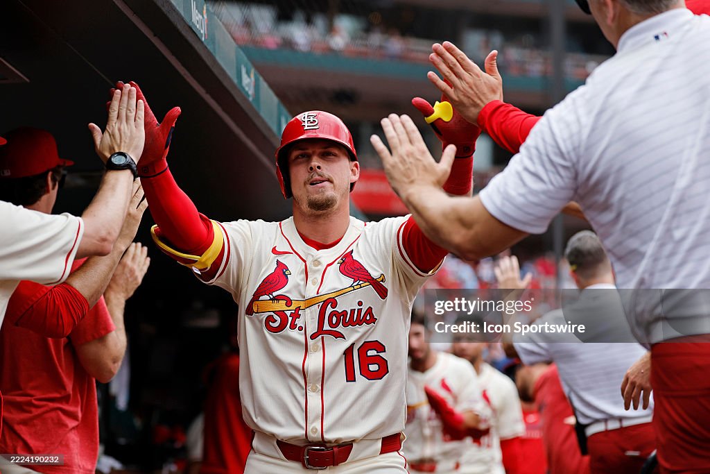 Nolan Gorman of the St. Louis Cardinals celebrates in the dugout ...