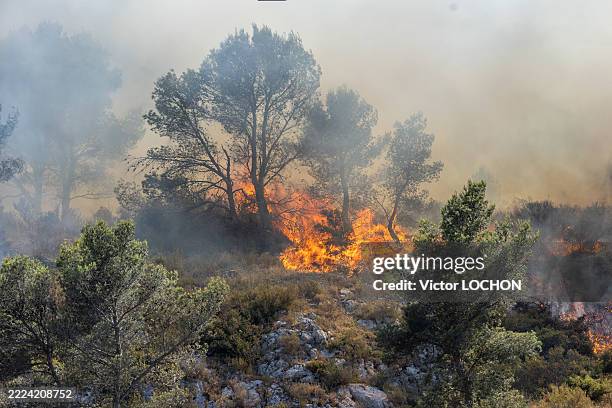 Fire currently burning in the hills north of Marseille, in the area of Les Pennes-Mirabeau on July 8, 2025 in Marseille, France.