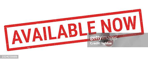 available now - red rubber stamp on white background - possible stock illustrations
