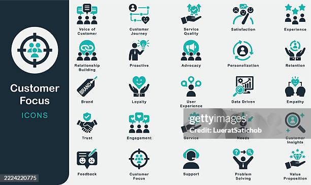 ilustrações de stock, clip art, desenhos animados e ícones de customer focus solid icons collection.containing marketing, sales, business, experience, customer, satisfaction, needs, service, support, trust, brand, loyalty, feedback, voice of customer, retention - empatia
