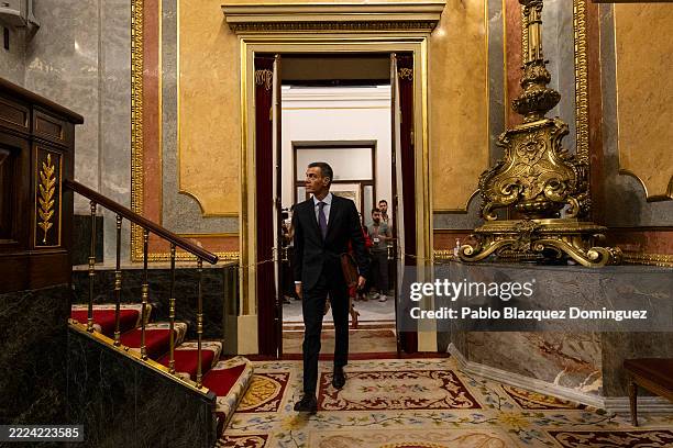 Spanish Prime Minister Pedro Sanchez arrives to a plenary session at the Spanish Parliament on July 09, 2025 in Madrid, Spain. Recent accusations of...