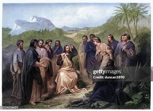 jesus christ's sermon on the mount, bible, vintage religious illustration art - jesus christ stock illustrations