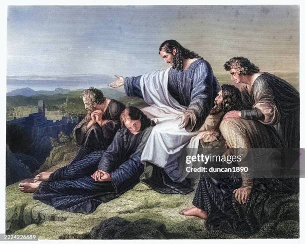 jesus christus und seine jünger mit blick auf jerusalem, bibel, religiöse vintage-illustrationskunst - apostel stock-grafiken, -clipart, -cartoons und -symbole