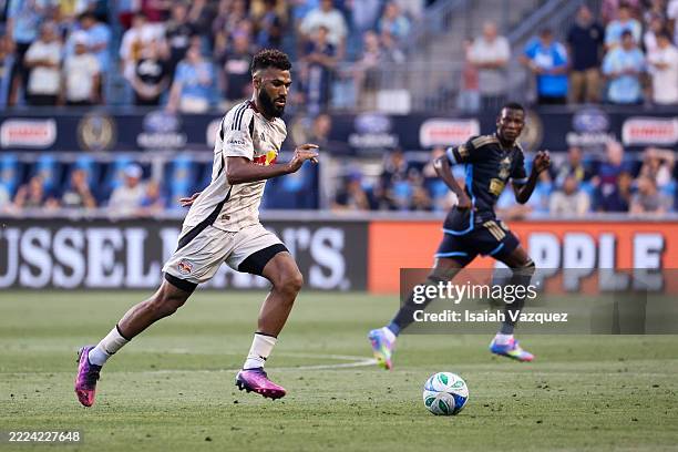 Eric Maxim Choupo-Moting of New York Red Bulls moves the ball during the first half against the Philadelphia Union at Subaru Park on July 12, 2025 in...