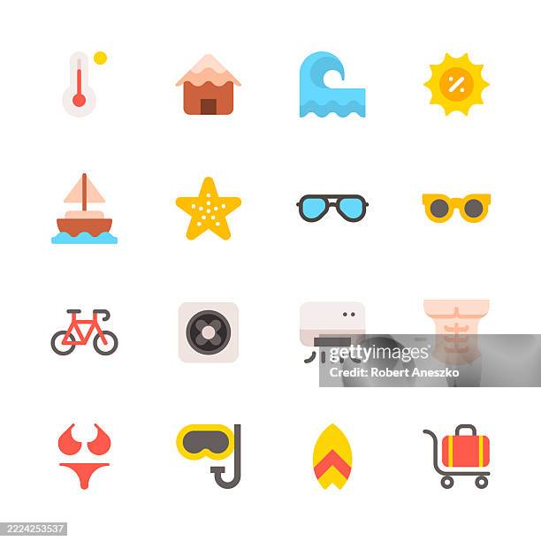 summer flat icons. emoji. contains such icons as beach, cruise, diving, drink, grill, ice cream, palm tree, surfing, tropical, vacation, trip. - food emoji stock illustrations