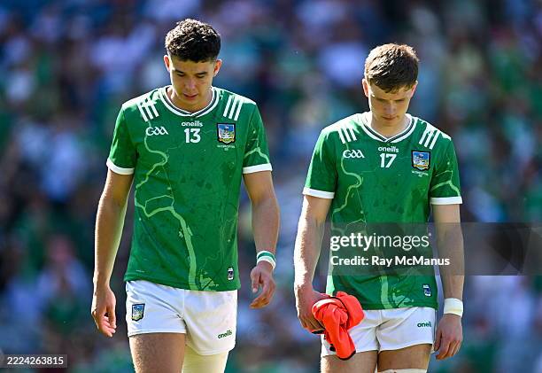 Dublin , Ireland - 12 July 2025; Emmet Rigter, left, and Cormac Woulfe of Limerick leave the field after the Tailteann Cup final match between...