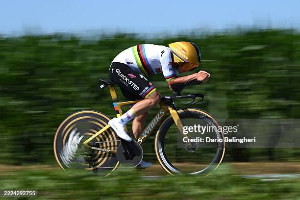 Remco Evenepoel of Belgium and Team Soudal Quick-Step competes during the 112th Tour de France, Stage 5 a 33km individual time trial stage from Caen...