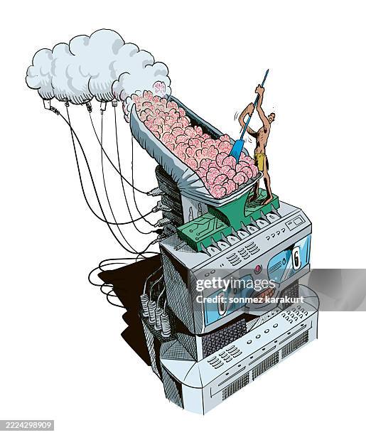 artificial intelligence feeds on human brains - facebook feed stock illustrations