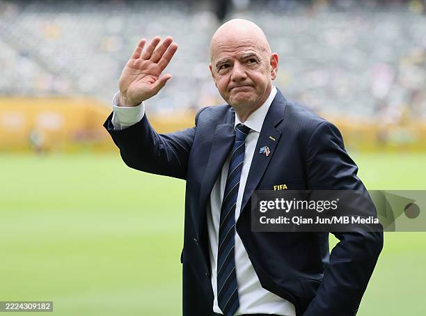 President Gianni Infantino waves before the FIFA Club World Cup 2025 final match between Chelsea FC and Paris Saint-Germain at MetLife Stadium on...