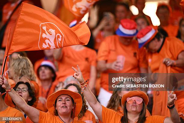 The Netherland's supporters cheer their team on from the stands ahead of the UEFA Women's Euro 2025 Group D football match between The Netherlands...