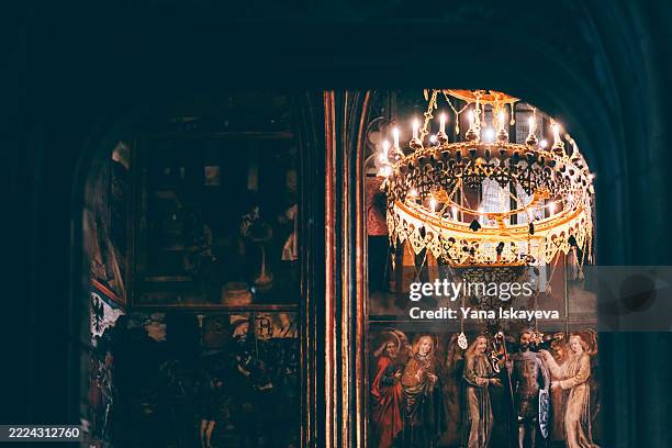 interior wall frescoes of st. vitus cathedral in prague - chandelier stock pictures, royalty-free photos & images
