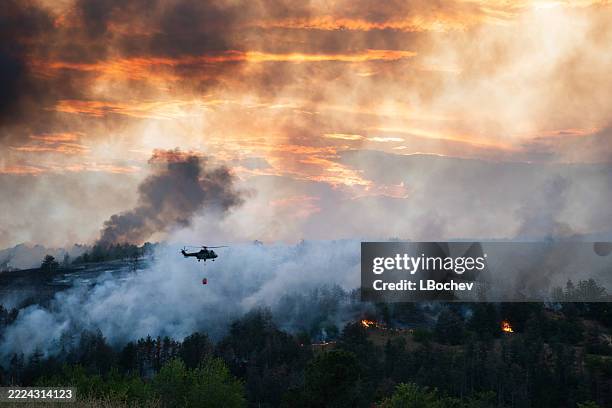 helicóptero arrojando agua sobre un incendio forestal - incendio forestal fotografías e imágenes de stock