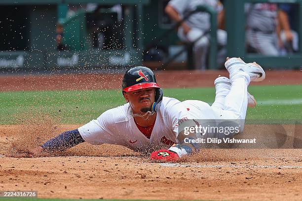 Masyn Winn of the St. Louis Cardinals scores a run against the Atlanta Braves in the second inning at Busch Stadium on July 13, 2025 in St Louis,...