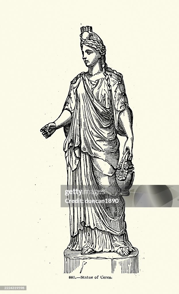 Roman mythology, Ceres Roman goddess of agriculture and fertility, Art History, Ancient Sculpture, Statue, Vintage illustration