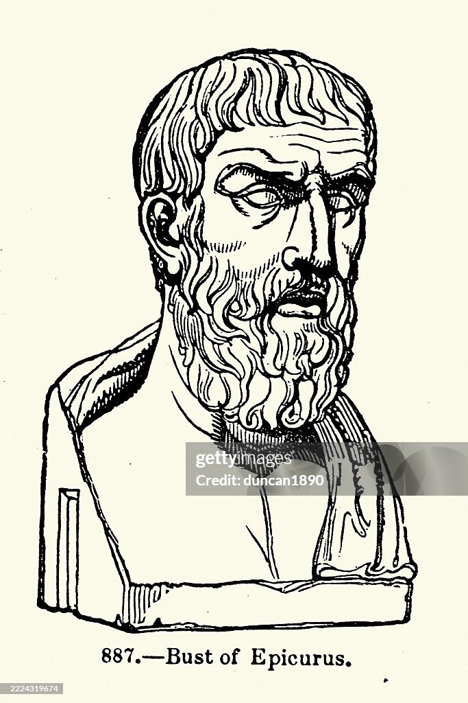 Epicurus an ancient Greek philosopher who founded Epicureanism, Art History, Ancient Sculpture, Statue, Vintage illustration