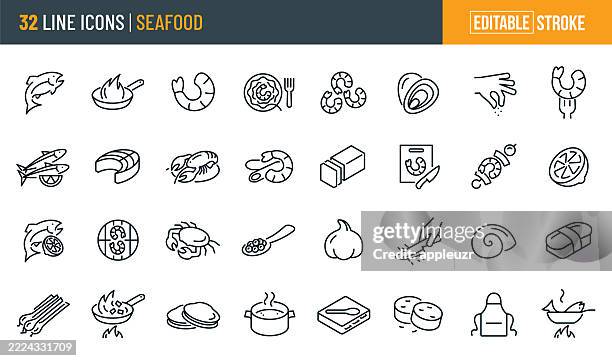 seafood thin line icons - editable stroke - icons include fish, shrimp, sardines, salmon, lobster, crab, muscles, scallops, oysters, sushi, caviar - sushi stock illustrations