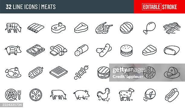 ilustrações de stock, clip art, desenhos animados e ícones de meats thin line icons - editable stroke - icons include hamburger, beef, ribs, steak, chicken, bacon, roast, sausage, hot dog, brisket, turkey, ham, beef kabob, cooked meat - costeleta comida