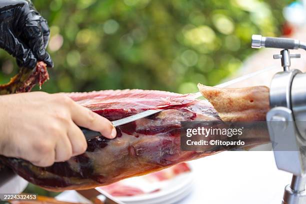 delicate marbled ham slice in natural light - ham knife stock pictures, royalty-free photos & images