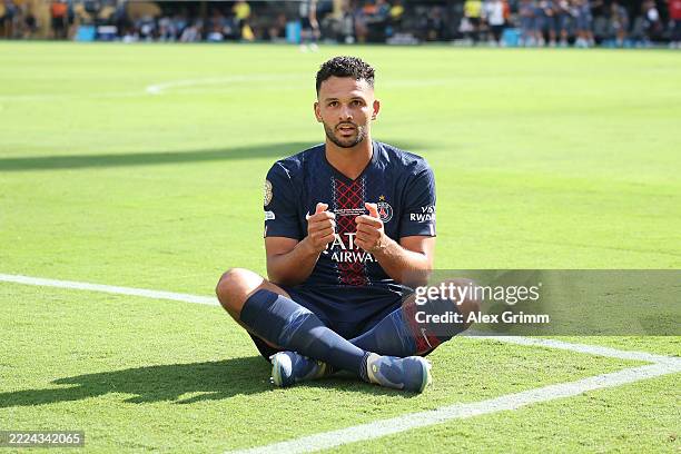Goncalo Ramos of Paris Saint-Germain celebrates scoring his team's fourth goal during the FIFA Club World Cup 2025 semi-final match between Paris...