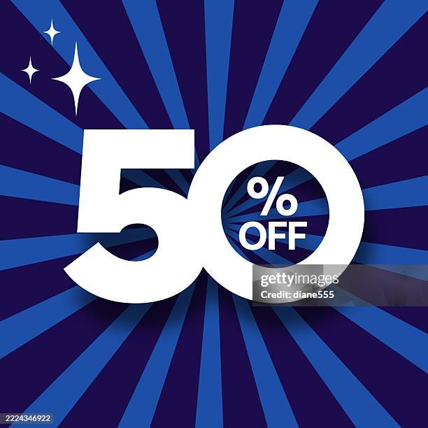 50% percent off label with a blue starburst - data explosion stock illustrations