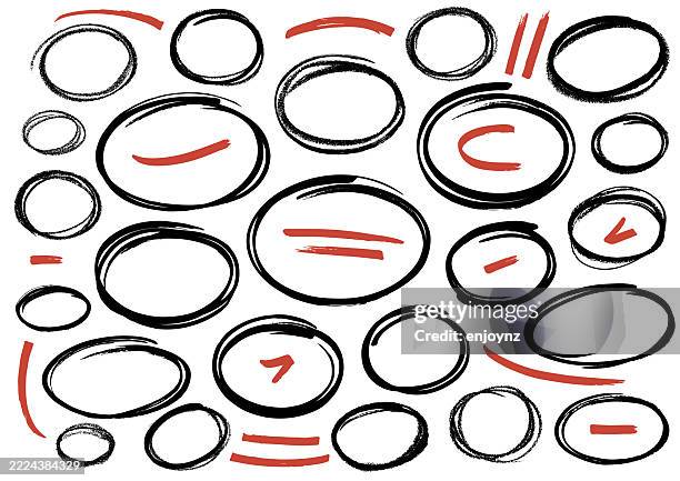 hand drawn marker pen circles, scribbles, lines and arrows - cute bubble letters stock illustrations