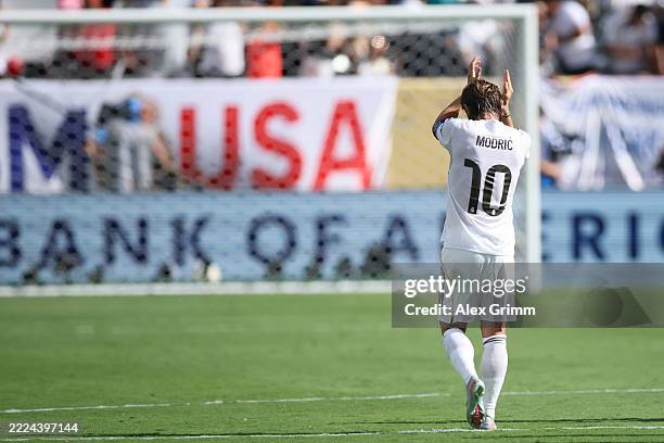 Luka Modric of Real Madrid C. F. Reacts after the FIFA Club World Cup 2025 semi-final match between Winner Game 59 and Winner Game 60 at MetLife...